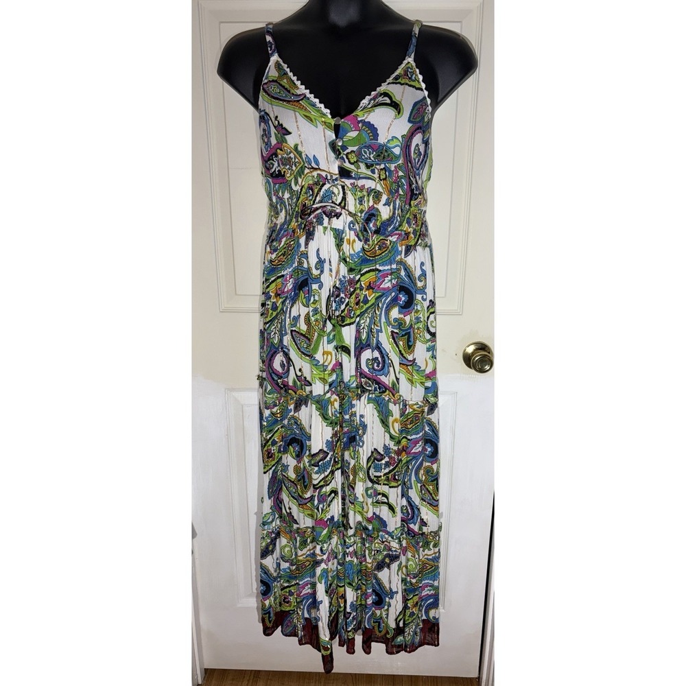 Me 2 Magic Anthropologie Maxi Dress XL Ivory Purple Smocked Tiered Embroidered